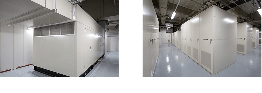 非常用自家発電設備(EG)備蓄燃料で72 時間以上の稼動が可能 / UPS(無停電電源装置)n＋1 で構成され、瞬断か停電時に機器を守ります